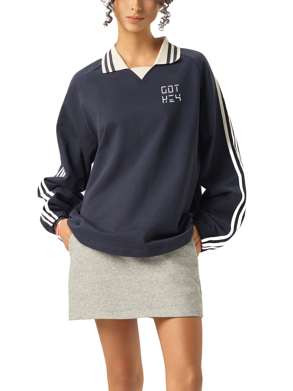 Got The Key Contrast Striped Lapel Collar Sweatshirt
