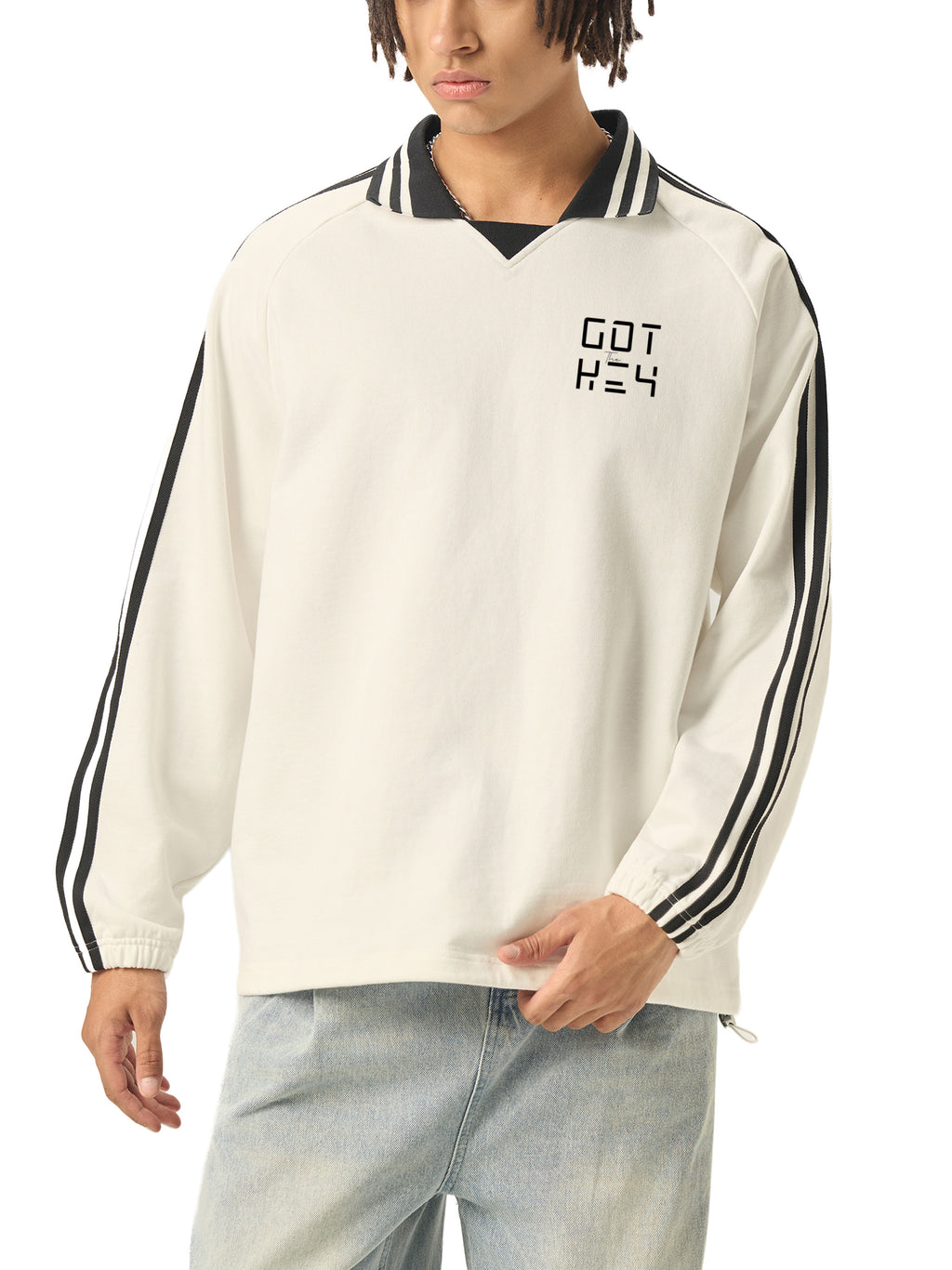 Got The Key Contrast Striped Lapel Collar Sweatshirt